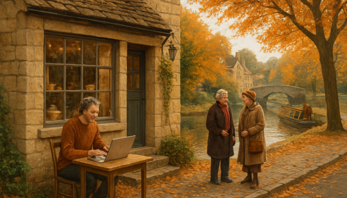Quaint Bradford-on-Avon stone shopfront with owner blogging amid autumn canal views and locals