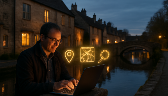 Small business owner typing local keywords on laptop in Bradford-on-Avon at dusk