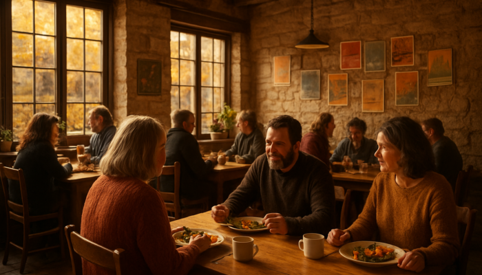 Cozy Bradford-on-Avon café interior with locals sharing seasonal dishes amid autumn light and community posters
