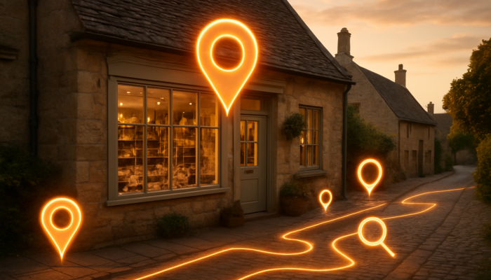 Quaint Cotswold shopfront in Winchcombe with glowing map pins and search icons at dusk.