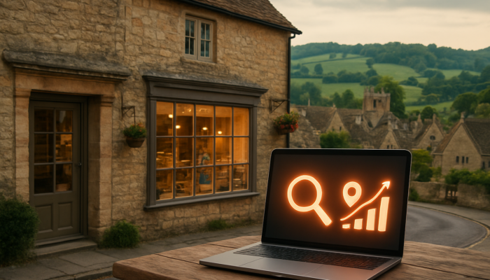Winchcombe Cotswold shop with laptop showing local SEO rankings, Google Maps pins and icons