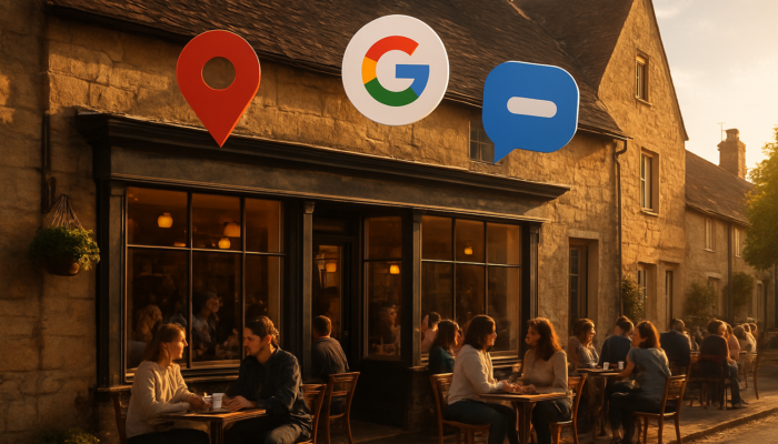 Bustling Winchcombe cafe with customers, golden sunlight, and floating Google pin symbolizing local SEO success.
