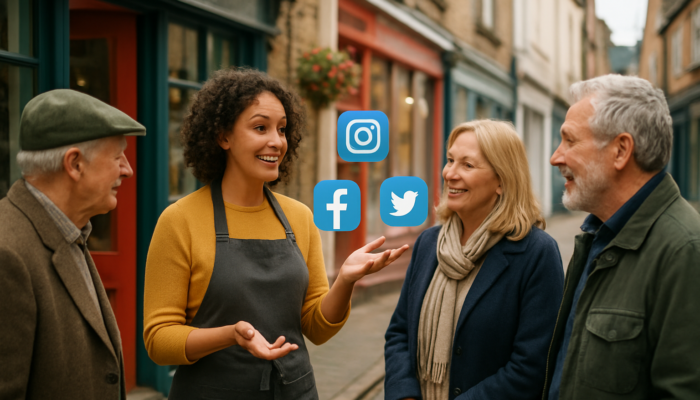Wellington small business owner engaging community with floating Instagram, Facebook, Twitter icons in street scene