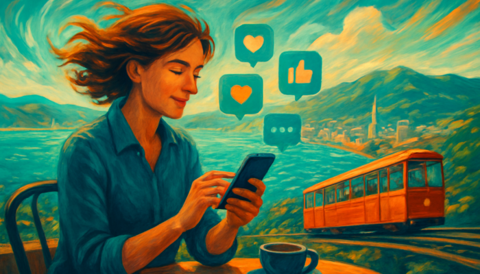 Small business owner posting on smartphone in Wellington cafe with harbor and cable car views