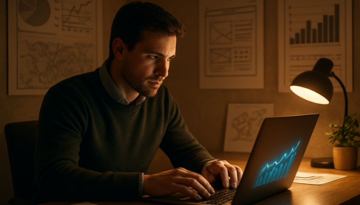 Kingswood business owner reviewing glowing website analytics on laptop in cozy Gloucestershire office