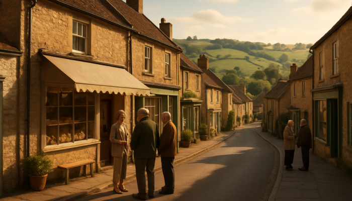 Quaint Somerset village high street with locals chatting outside independent shops and bakery amid green hills