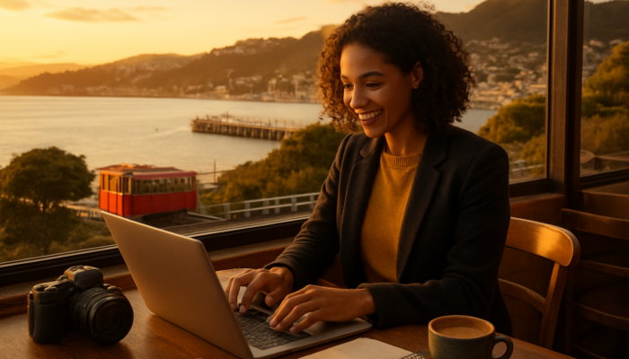 Entrepreneur creating social media content on laptop in cozy Wellington waterfront cafe at sunset