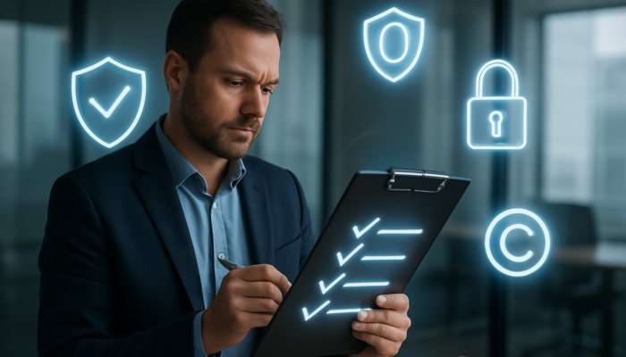 Small business owner reviews glowing compliance checklist with legal icons in Wellington office