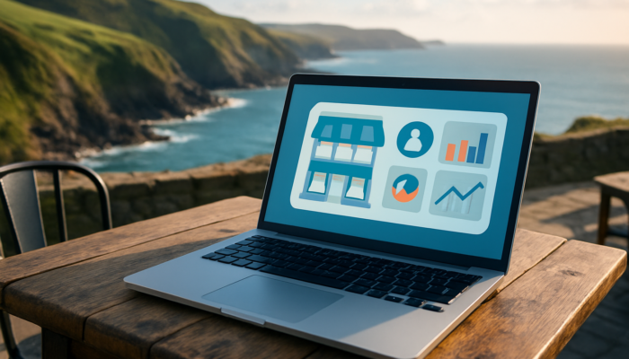 Laptop showing small business website analytics on Ilfracombe cafe table overlooking Devon coast