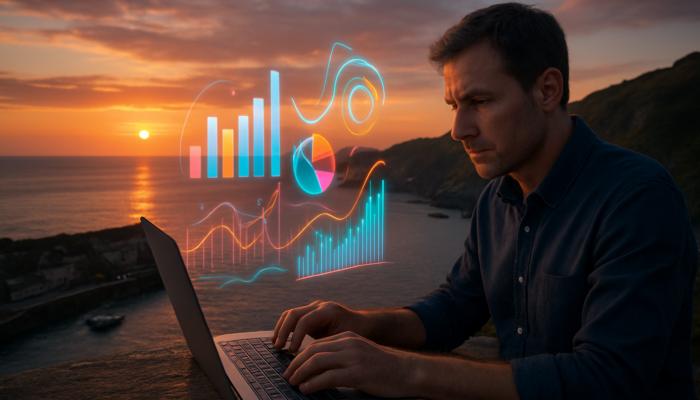 Ilfracombe entrepreneur reviewing holographic traffic analytics charts on laptop with Devon cliffs sunset backdrop
