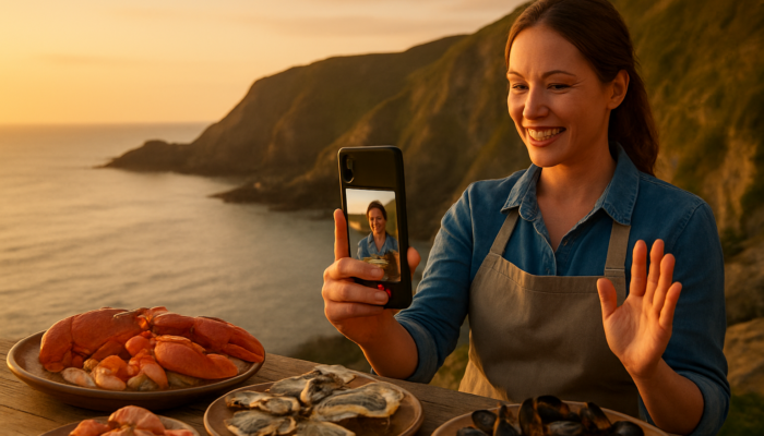 Ilfracombe business owner filming TikTok video of coastal cliffs and seafood at sunset
