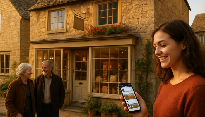 Tetbury Cotswold shopfront in golden light with smartphone showing Gloucestershire Instagram bio and smiling locals