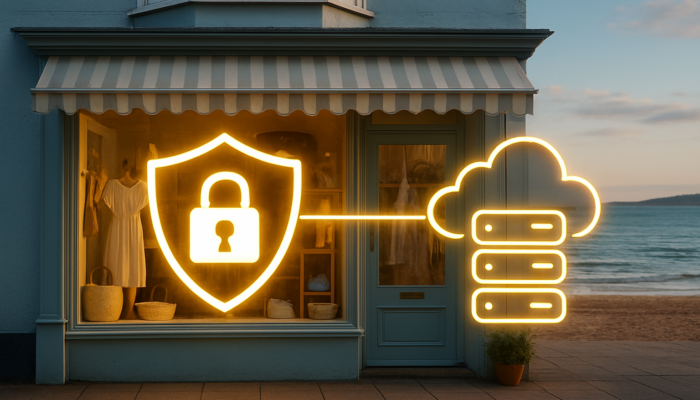 Teignmouth seaside boutique with UK shield icon linked to scalable cloud servers for secure hosting
