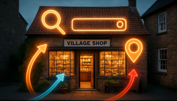 Quaint Holsworthy village shop glowing with floating SEO title tags and traffic arrows.