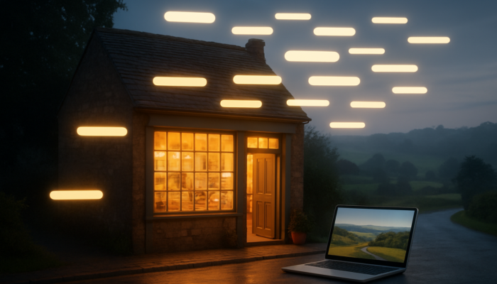 Cozy Holsworthy shopfront glowing with floating keywords like "emergency plumber Holsworthy" beside laptop in Devon countryside.