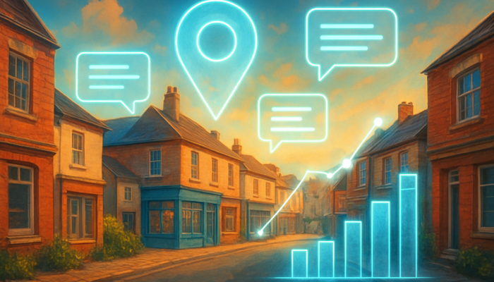 Vibrant illustration of Holsworthy streets overlaid with keyword clouds and SEO data graphs for local visibility.