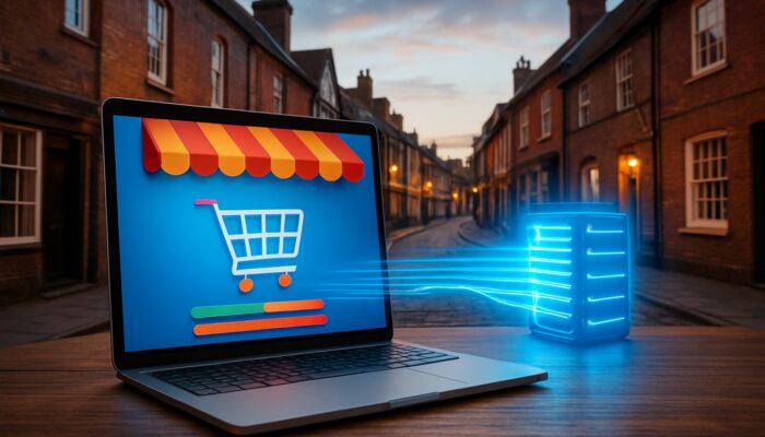 Laptop showing vibrant WooCommerce storefront linked to glowing UK servers in Gillingham streets.