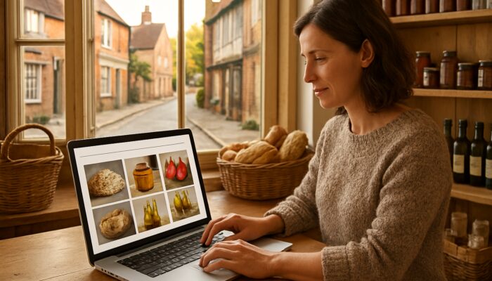 Small business owner setting up WooCommerce store on laptop in cozy Gillingham shop with local products