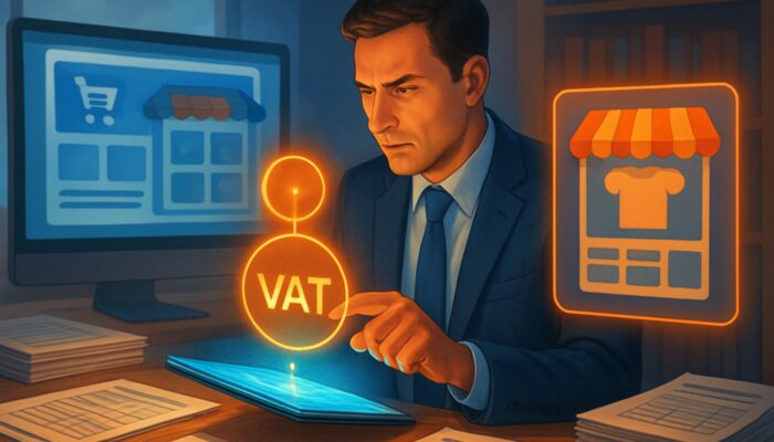 Entrepreneur configuring VAT rates on glowing WooCommerce dashboard amid UK tax forms in Gillingham office