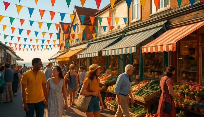 Bournemouth seaside market with local Dorset products, colorful banners, and tourists in golden sunlight