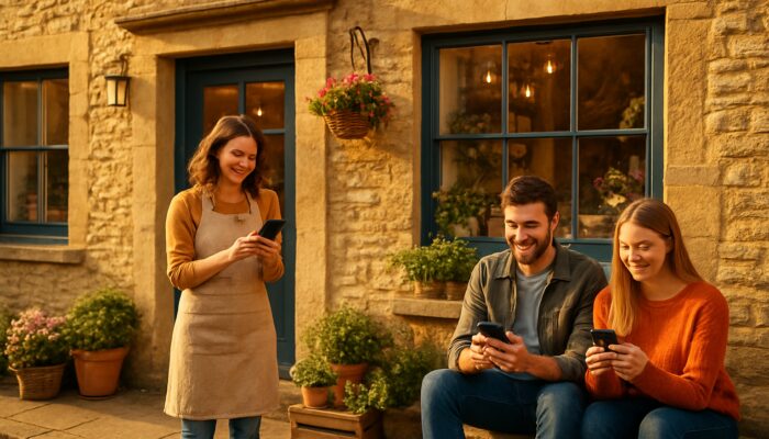 Cozy Cotswold stone shop owner in Cirencester posting on Instagram with smiling local customers in sunlight.