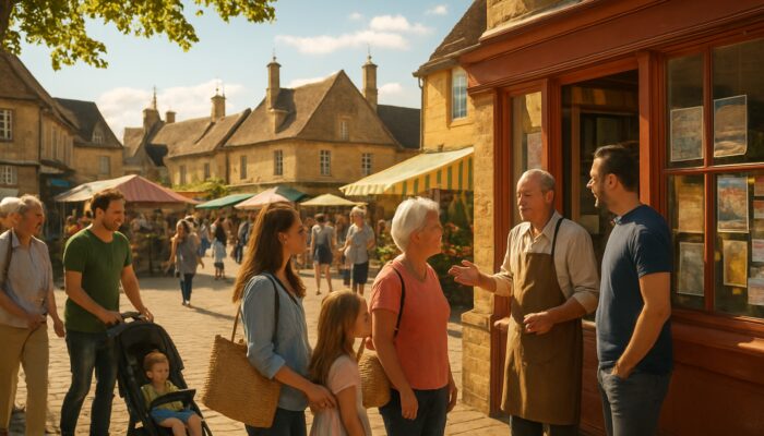 Bustling Fairford market square with families, tourists, and shop owner sharing community stories in sunlight.