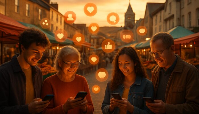 Vibrant Totnes market scene with locals on phones and floating social media icons in warm light.