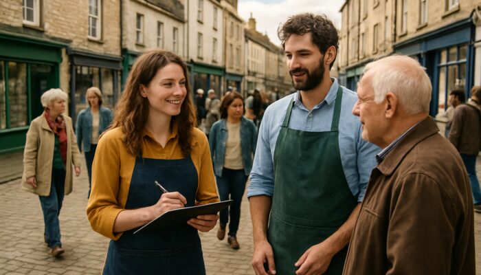 Small business owners surveying diverse locals in Midsomer Norton bustling town square