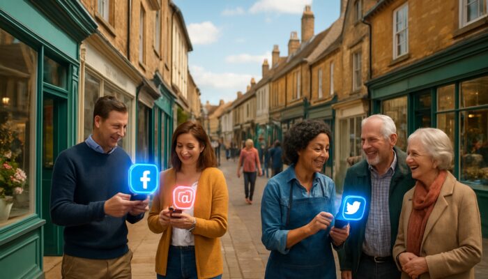 Sherborne high street shopkeepers linking glowing smartphones to Facebook, Instagram, Twitter icons with smiling locals.