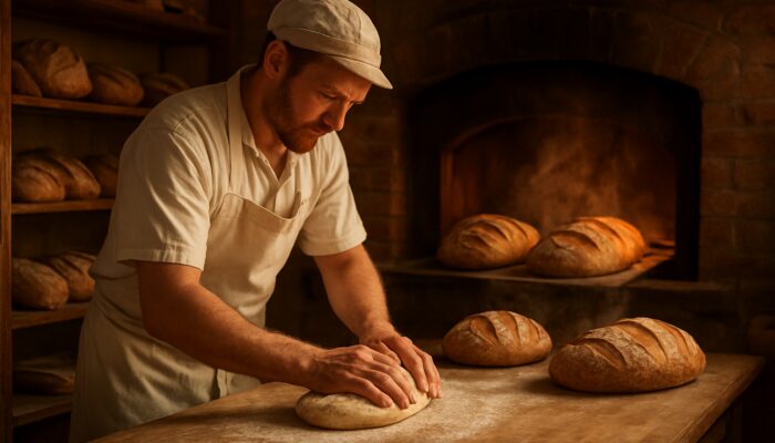Artisan baker shaping dough amid golden loaves in cozy Sherborne bakery time-lapse