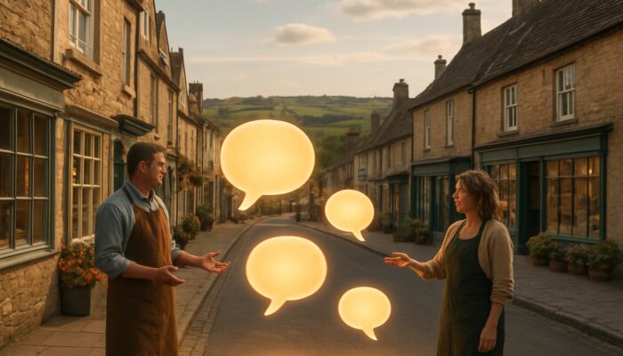 Shop owners on Minchinhampton high street view glowing Google keyword bubbles amid Cotswold hills.