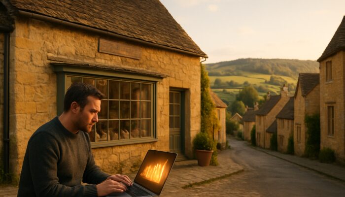Minchinhampton shop owner reviewing SEO analytics on laptop in quaint Cotswold stone building with hills