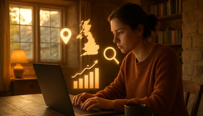 Small business owner analyzes Google Analytics charts in sunlit Minchinhampton cottage office with UK traffic maps.