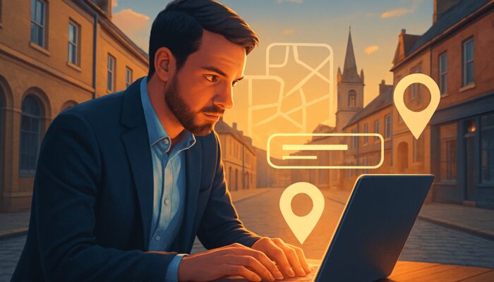 Chippenham entrepreneur researching "plumber in Chippenham" keywords on laptop with digital maps and icons