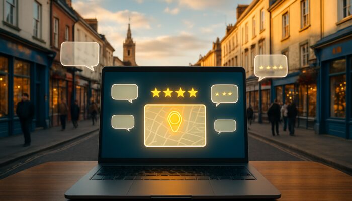 Chippenham street scene with laptop showing Google Business Profile, reviews, and highlighted map pack for local SEO.