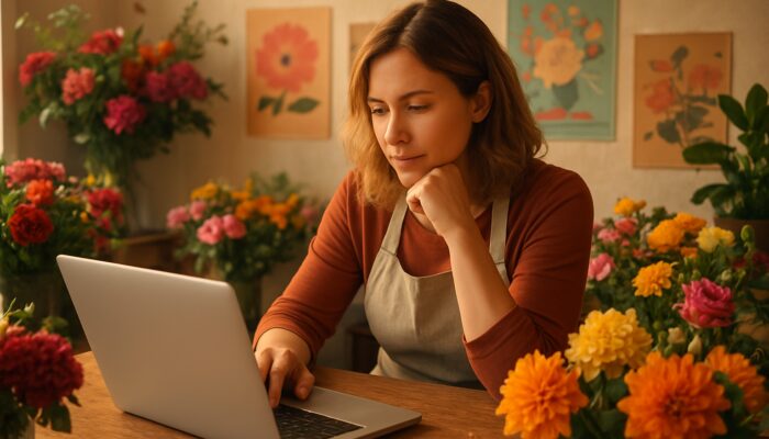 Chippenham florist typing blog post on laptop amid vibrant blooms and event posters in warm light