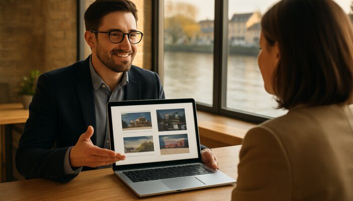 Web designer in Dartmouth presenting WordPress portfolio on laptop to client in riverside office