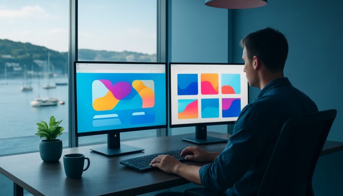Designer building vibrant WordPress site on dual monitors in modern Dartmouth harbor office with blue coastal light.