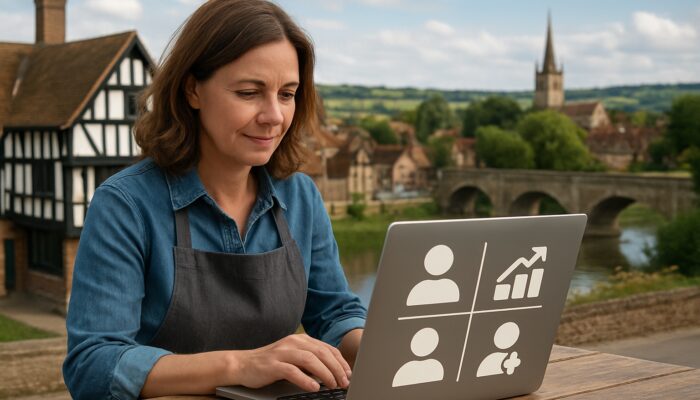 Small business owner reviewing website analytics on laptop in Tewkesbury with customer icons and countryside.