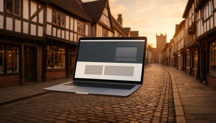 Historic Tewkesbury high street with floating laptop showing website mockups in golden light