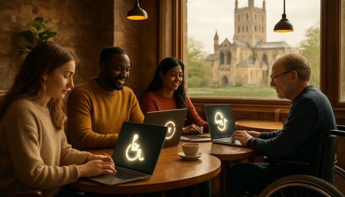 Diverse group with disabilities using WCAG-accessible Tewkesbury websites in cozy Gloucestershire café.