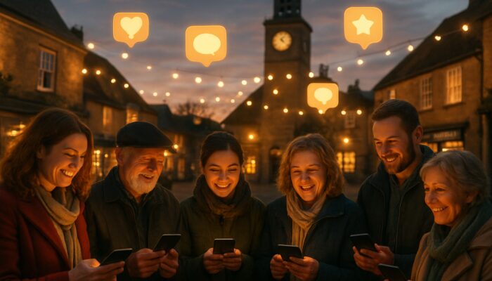 Bampton locals sharing community posts on smartphones in glowing town square at dusk