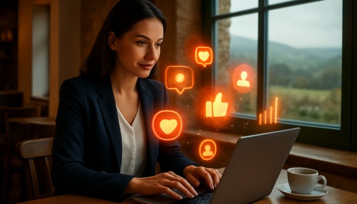 Professional managing social media on laptop in Bampton cafe with glowing analytics and Cotswold hills