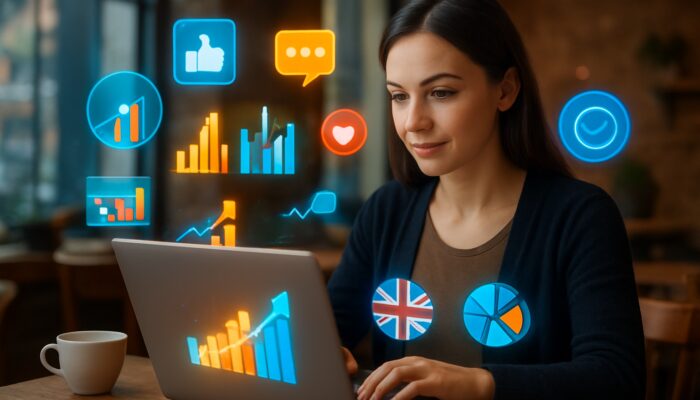Marketer reviewing social media analytics on laptop in cozy Bampton cafe with floating charts and icons