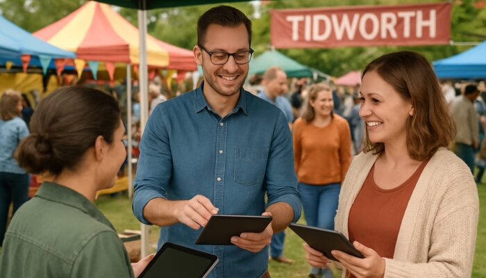 Small business owner engaging locals with tablets at lively Tidworth community fair