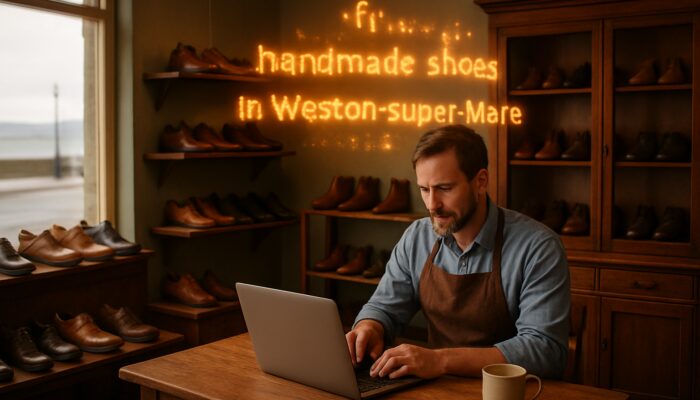Quaint Weston-super-Mare shoe shop with shopkeeper viewing glowing long-tail keywords on laptop