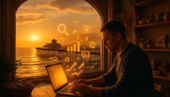 Shop owner reviewing SEO charts on laptop by Weston-Super-Mare pier at sunset
