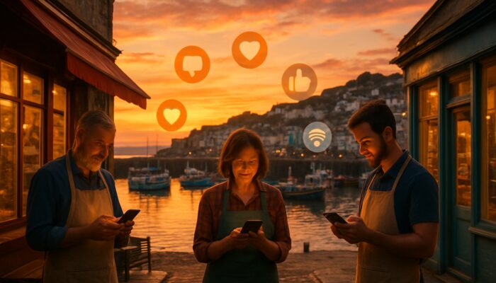 Ilfracombe harbor sunset with shop owners on smartphones and floating social media icons