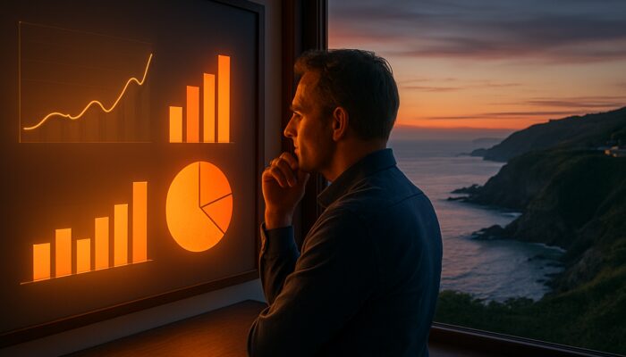 Business owner reviews glowing social media KPI dashboards and seasonal graphs overlooking Ilfracombe cliffs at dusk.