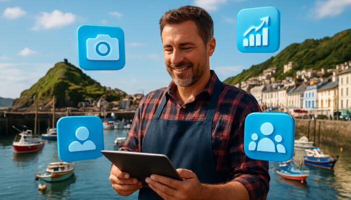 Small business owner using tablet for social media management in scenic Ilfracombe harbor with floating icons